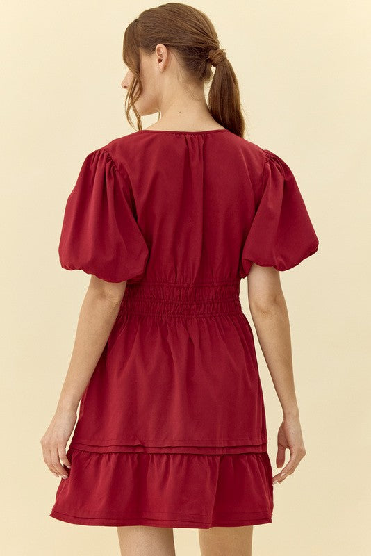 Solid Puff Sleeve Smocked Waist Dress