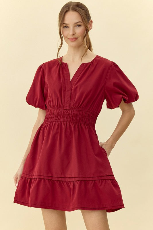 Solid Puff Sleeve Smocked Waist Dress