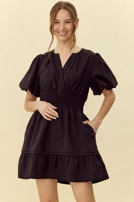 Solid Puff Sleeve Smocked Waist Dress