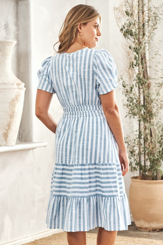 Contrast Striped V-Neck Midi Tiered Dress - Blue