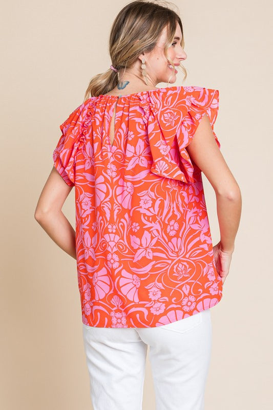 Floral Ruffle Layer Sleeve Top - Orange