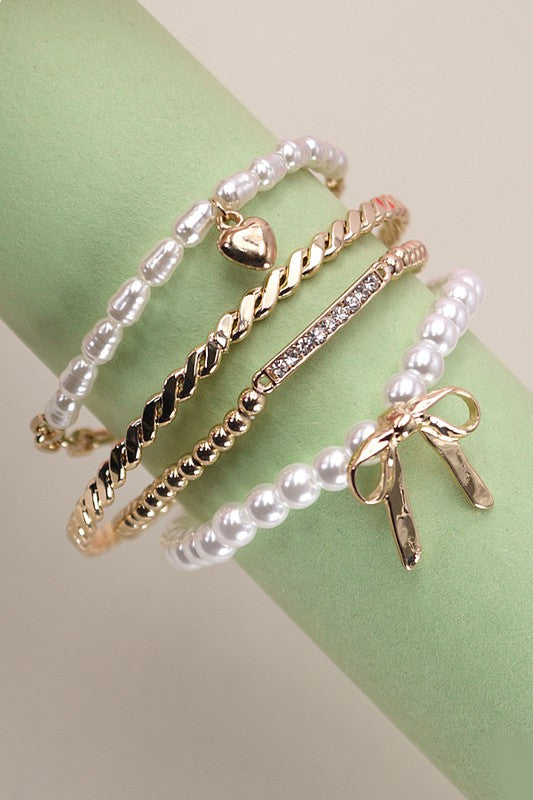 Pearl Bow & Heart Charm Bangle Bracelet Set