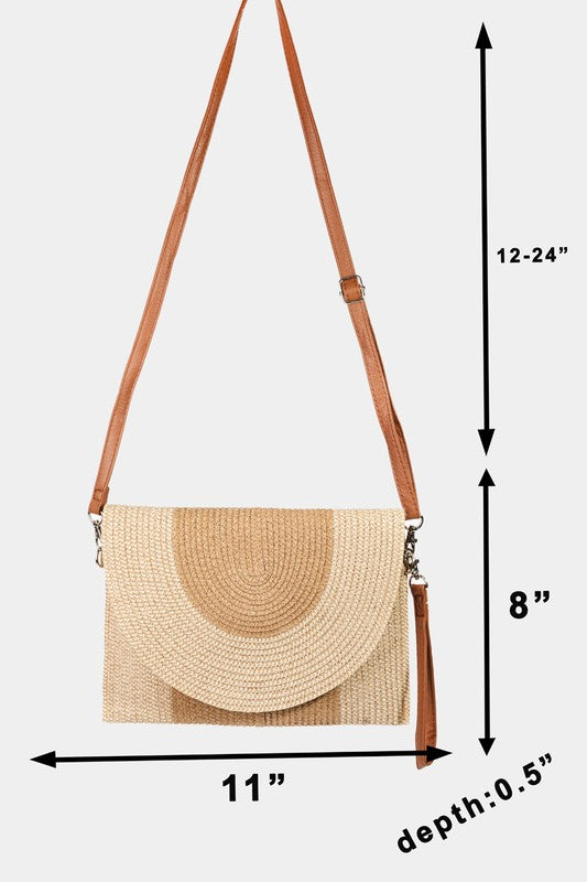 Mixed Two Tone Rounded Flap Straw Clutch