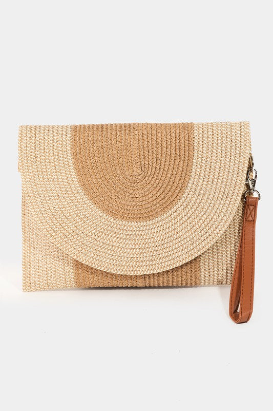Mixed Two Tone Rounded Flap Straw Clutch
