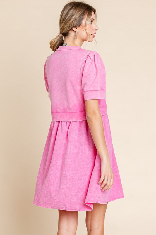Solid Puff Sleeve Circle Hem Dress - Pink