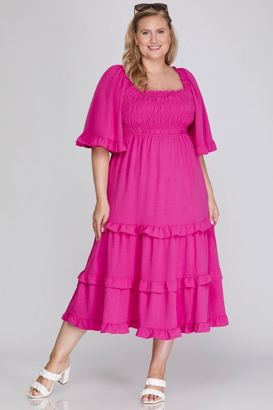 Bell Sleeve Square Neck Smocked Tiered Midi Dress - Hot Pink