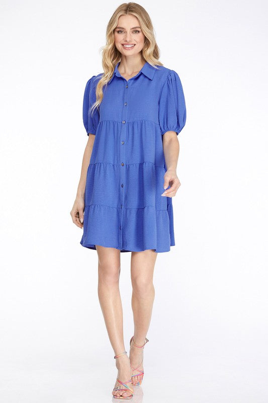 Solid Button Down Puff Sleeve Shirt Dress