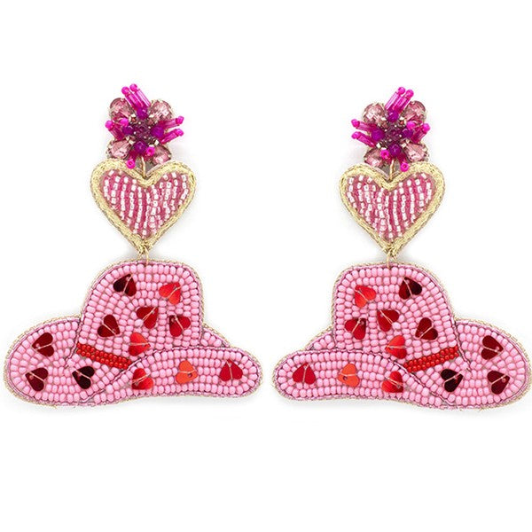 Hearts Cowboy Hat Seed Bead Earring