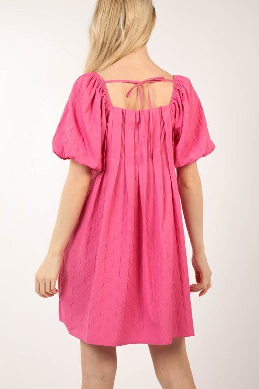 Textured Square Neck Pleated Puff Sleeve Dress- Hot Pink