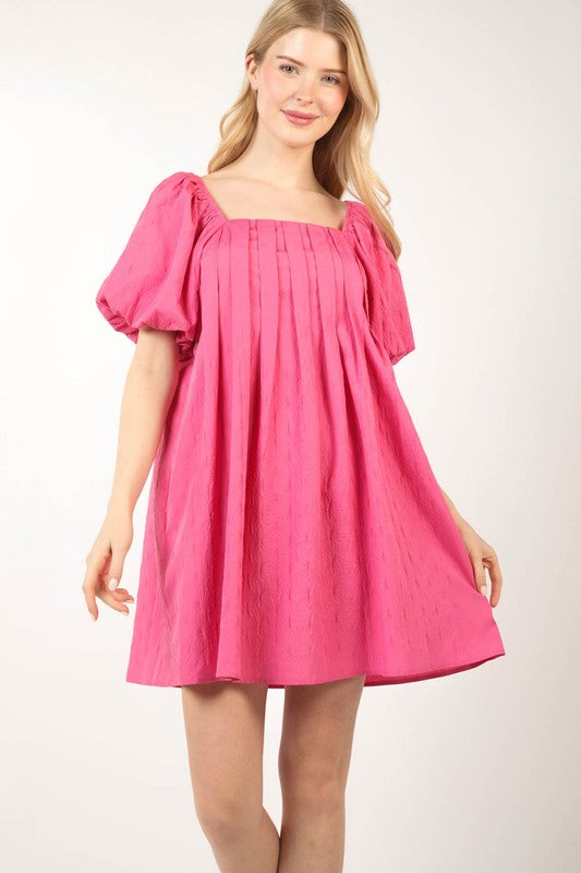 Textured Square Neck Pleated Puff Sleeve Dress- Hot Pink