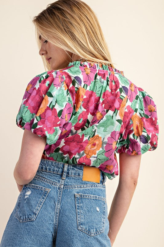 Floral Split Neck Puff Sleeve Top-Mauve