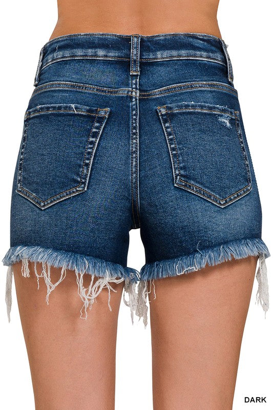 High Rise Raw Hem Distressed Denim Shorts