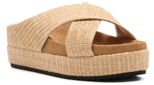 Raffia Platform Criss Cross Slide Sandal