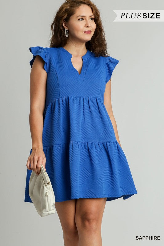 Solid Textured Split Neck Ruffle Sleeve Tiered Dress