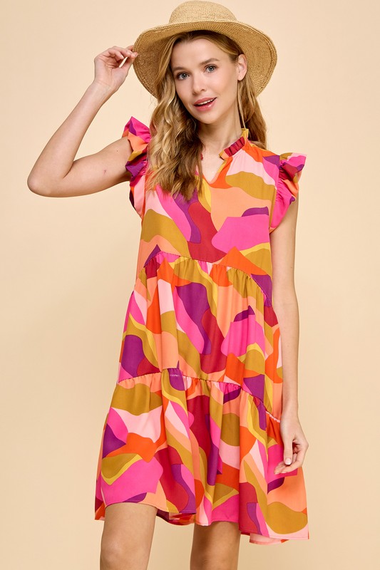 Abstract Print V-Neck Ruffle Sleeve Tiered Dress