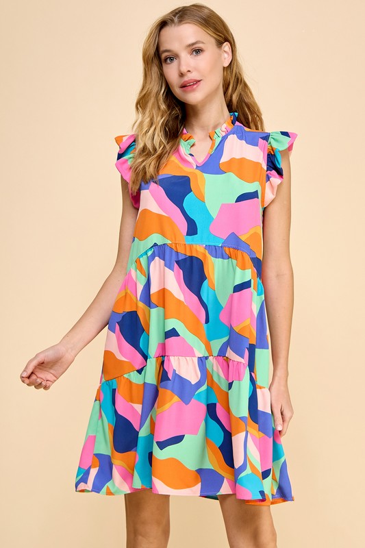 Abstract Print V-Neck Ruffle Sleeve Tiered Dress