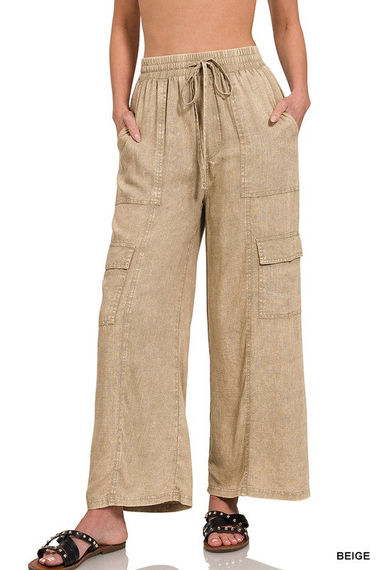 Washed Linen Cargo Pant - Beige