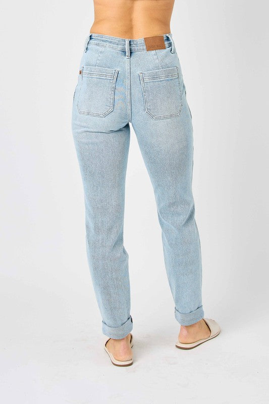 High Waist Vintage Double Cuff Denim Jogger - Light