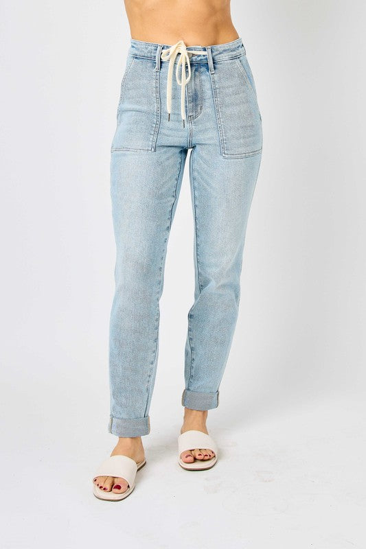 High Waist Vintage Double Cuff Denim Jogger - Light