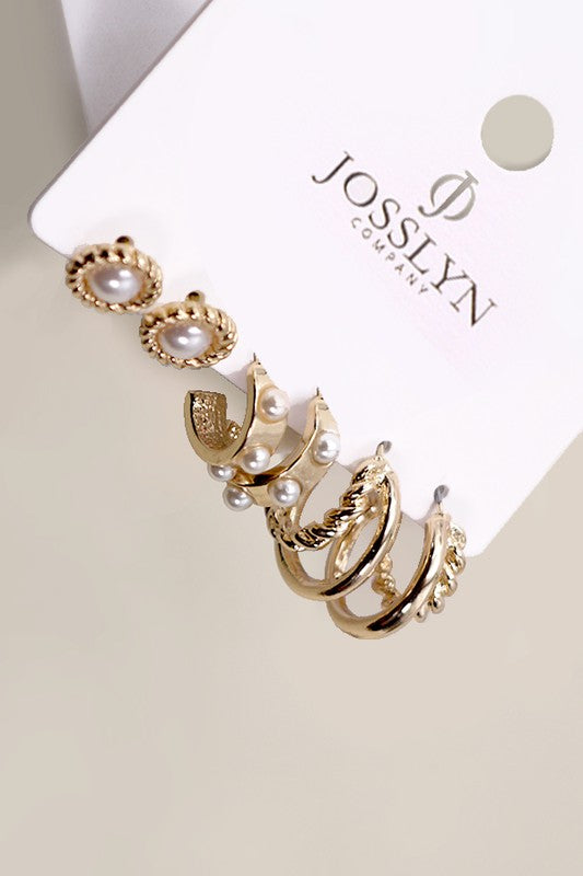 Gold & Pearl Hoop Stud Trio Earring Set
