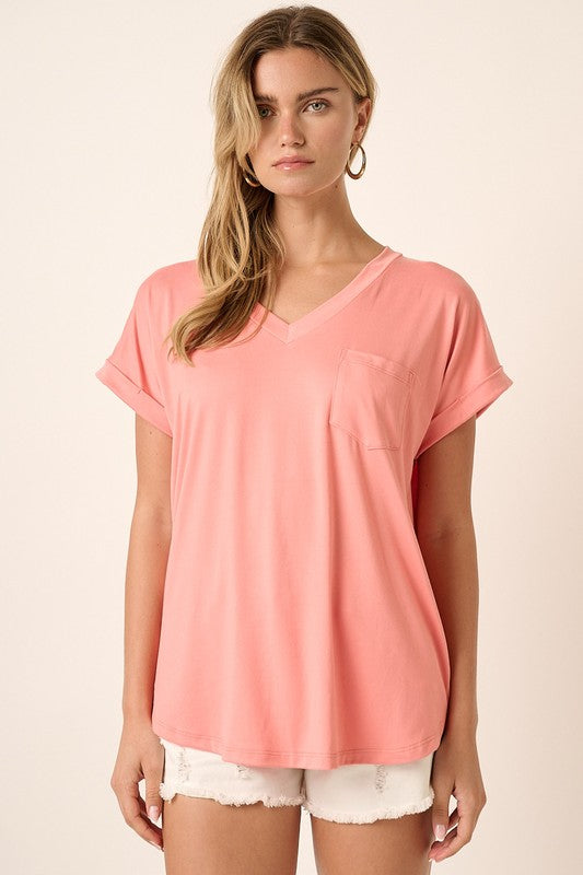 Solid V-Neck Cuffed Sleeve Pocket Top