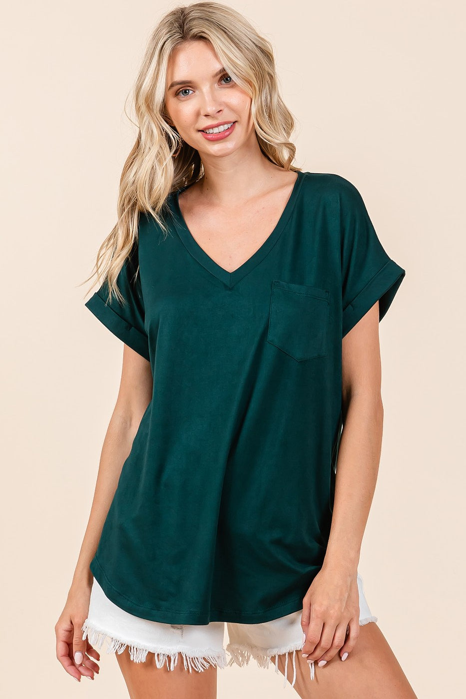 Solid V-Neck Cuffed Sleeve Pocket Top
