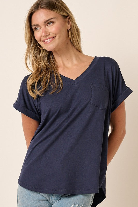 Solid V-Neck Cuffed Sleeve Pocket Top