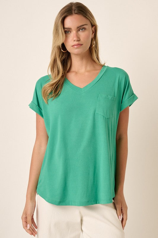 Solid V-Neck Cuffed Sleeve Pocket Top