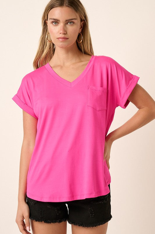 Solid V-Neck Cuffed Sleeve Pocket Top