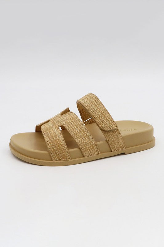 Raffia H-Cut Velcro Strap Slide Sandal