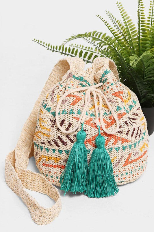 Tribal Straw Tassel Crossbody Bucket Bag