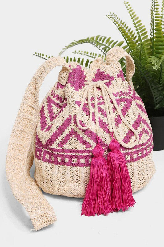 Tribal Straw Tassel Crossbody Bucket Bag
