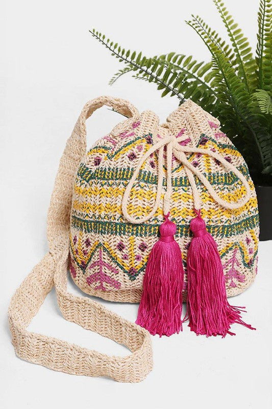 Tribal Straw Tassel Crossbody Bucket Bag
