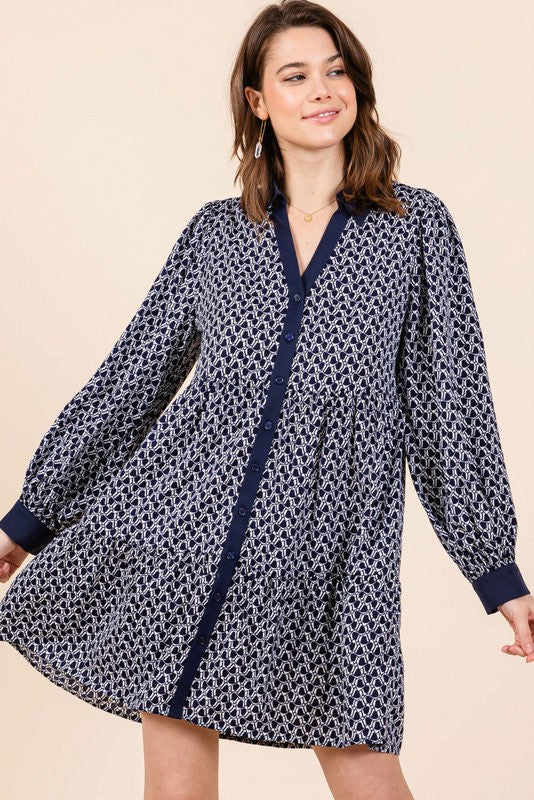 Collared Geo Print Colored Trim Button Up Dress - Navy