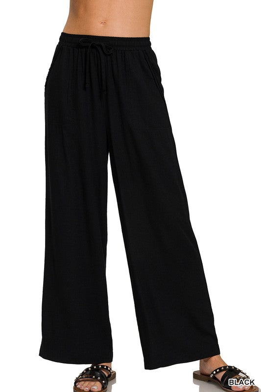 Solid Wide Leg Linen Blend Pants - Black