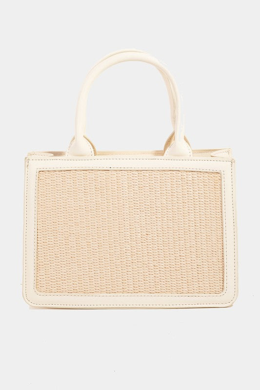 Trimmed Raffia Square Top Handle Handbag
