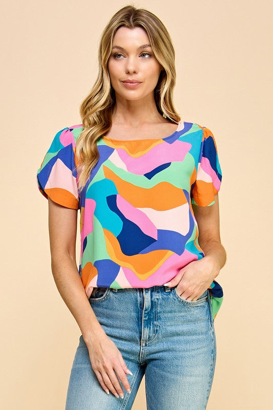 Abstract Print Top W/ Notched Sleeve