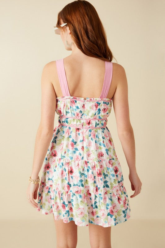 Sleeveless Floral Piping Detail Square Neck Dress-Pink