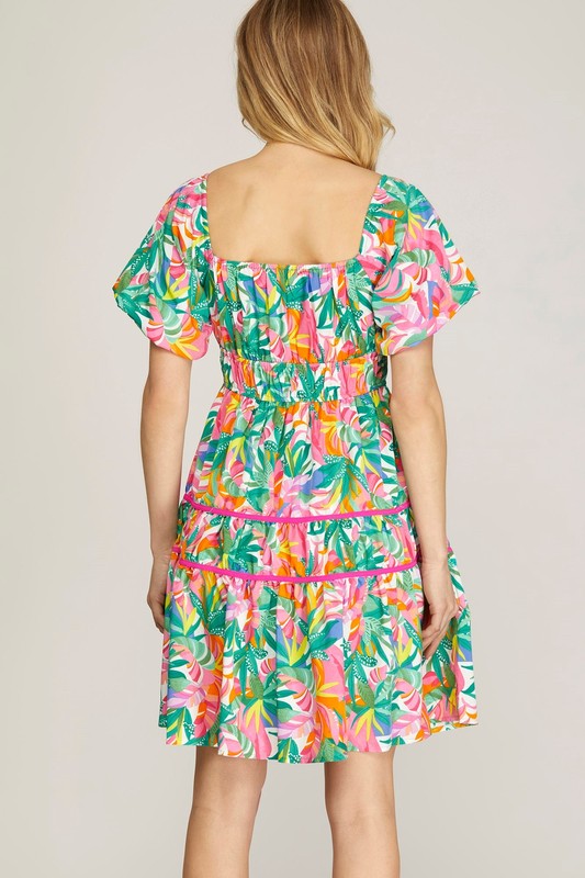 Tropical Puff Sleeve Piping Tiered Detail Dress
