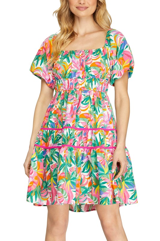 Tropical Puff Sleeve Piping Tiered Detail Dress
