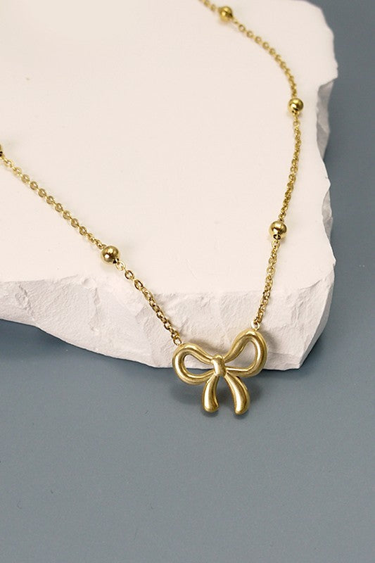 Stationary Bow Ball Chain Necklace-Gold
