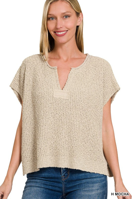 Short Sleeve Split Neck Patch Sweater