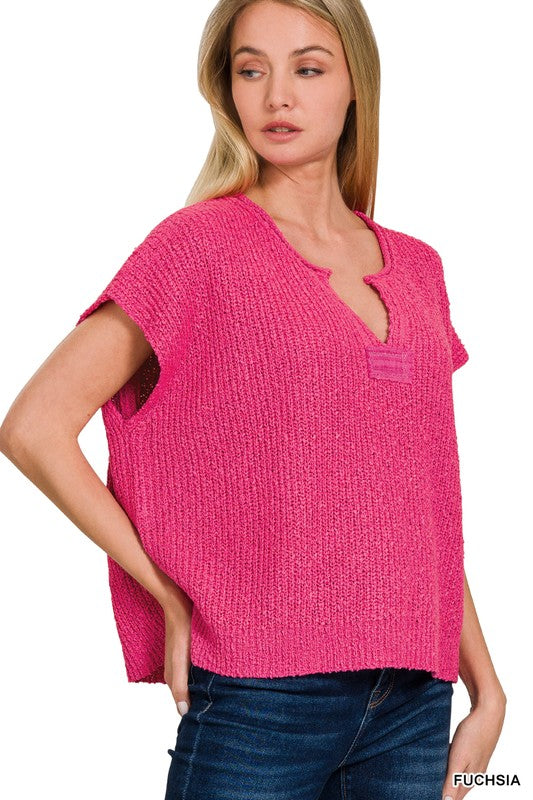 Short Sleeve Split Neck Patch Sweater-Pinks