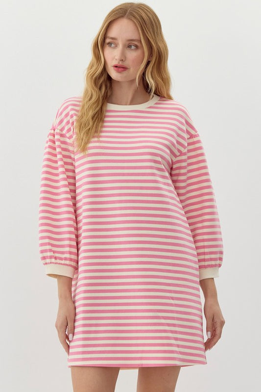 Striped 3/4 Banded Sleeve Crew Neck Dress-Pink