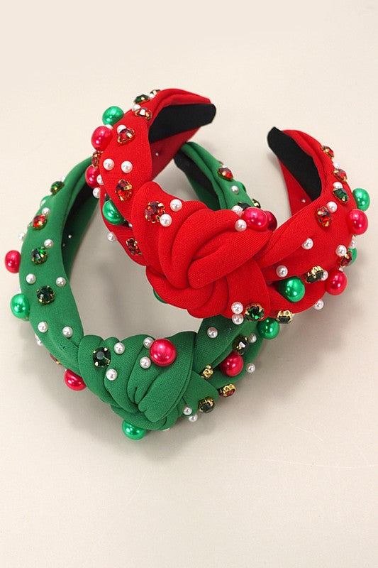 Christmas Rhinestone & Pearl Knotted Headband