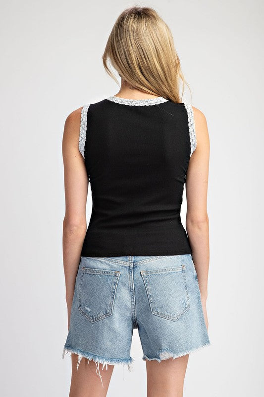 Sleeveless Lace Trimmed Bow Top-Black
