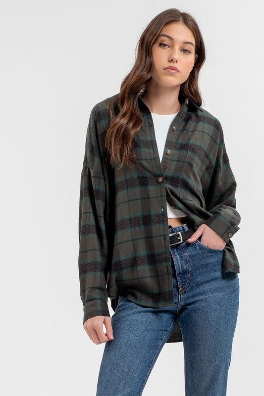 Collared Button Down Long Sleeve Plaid Shirt - Hunter