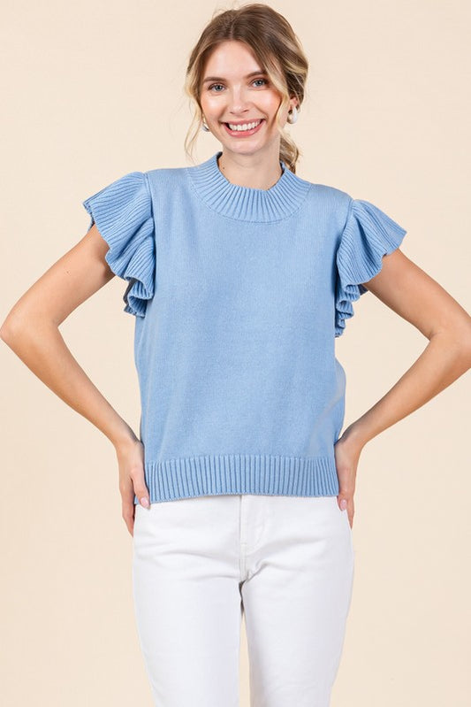 Solid Ribbed Ruffled Short Sleeve Sweater