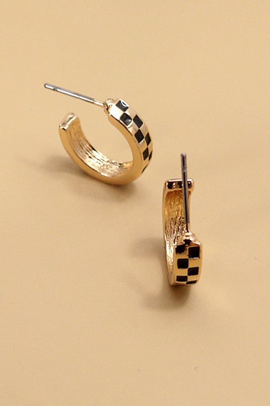 Black & Gold Checkered Huggie Hoop Earring