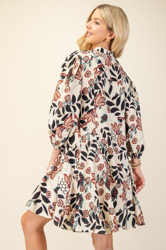 Floral Button Up 3/4 Sleeve Flare Hem Dress-Off White